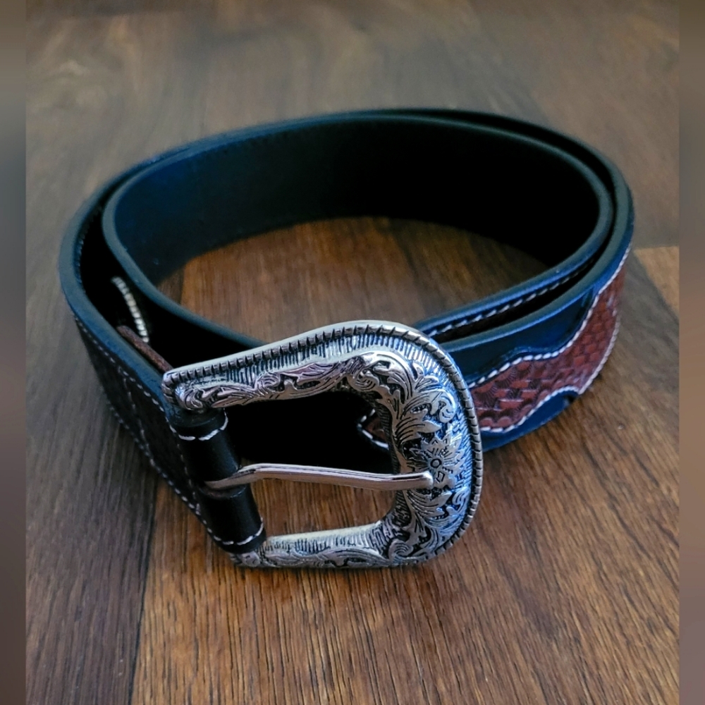 American Bison Western Style Cowboy Belt, Men's M, Genuine Leather Black & Brown
